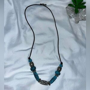 Artisan Turquoise & Silver Tone Beaded Necklace | Black Cord